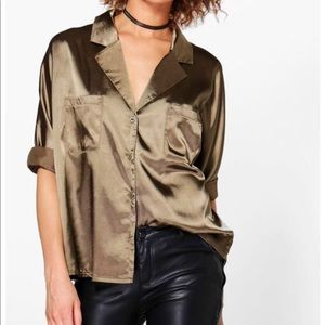 Green Satin Button Down Shirt